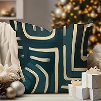 Cream Abstract Geometric Lines Cushion Cover Teal Dark Green Geometric Stripes Sofa Pillow Cover Asian Scenic Chic Chinoiserie Pillowcases 18x18in White Linen Pillows for Car Chair Sofa