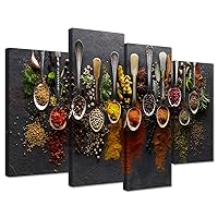 iHAPPYWALL Kitchen Pictures Wall Decor 4 Pieces Couful Spice in Spoon Vintage Canvas Wall Art Food Photos Painting On Canvas Stretched Framed Home Decoration Gift Ready to Hang
