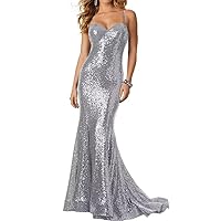 Women's Spaghetti Straps Sequin Mermaid Prom Dresses Long Sweetheart Backless Evening Formal Gown