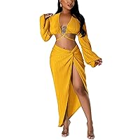 Womens Sexy 2 Pieces Solid Color Long Sleeve Crop Top Split Dress Set Nightclub Dress Set