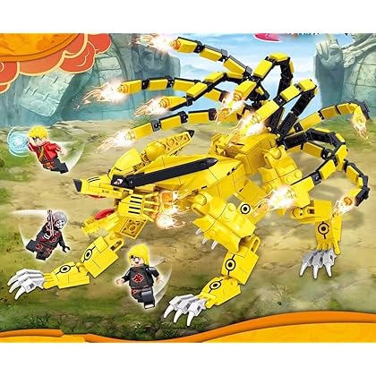 AOTUMAN 429Pcs 12in Anime Figure Kurama Nine Tailed Fox Building Blocks, with 3 Action Figures Building Toy Sets for Anime Fan, Konoha Village Collectibles Minifigures for Adults and Kids