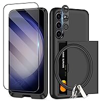 SAMONPOW for Samsung Galaxy S23 Case with Screen Protector + Camera Lens Protector + Lanyard [5-in-1] Samsung Galaxy S23 Wallet Case with Card Holder Shockproof Phone Case for Samsung S23 (Black)