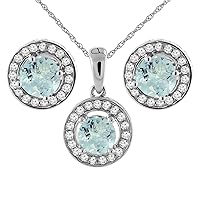 Sabrina Silver 14K White Gold Natural Aquamarine Earrings and Pendant Set with Diamond Halo Round 5 mm