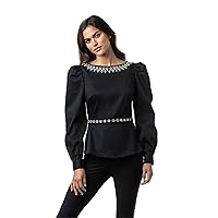 The Morgan Long Puff Sleeve Top with Embellishemnsts in Black, Luxury Long Sleeve Eventwear