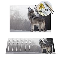 Howling Wolf Print Placemats Set of 6 PVC Woven Place Mats Non-Slip Heat Resistant Kitchen Placemat Washable Dining Table Mats for Wedding Party Decoration 18 x 12 Inch