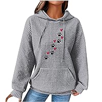 Heart Dog Paw Printed Hoodies for Women Casual Pullover Waffle Long Sleeve Drawstring Hooded Sweatshirt with Pocket