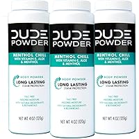 DUDE Body Powder - Menthol Chill 4 Ounce (3 Bottle Pack) Natural Deodorizers Cooling Menthol & Aloe, Talc Free Formula, Corn-Starch Based Daily Post-Shower Deodorizing Powder for Men