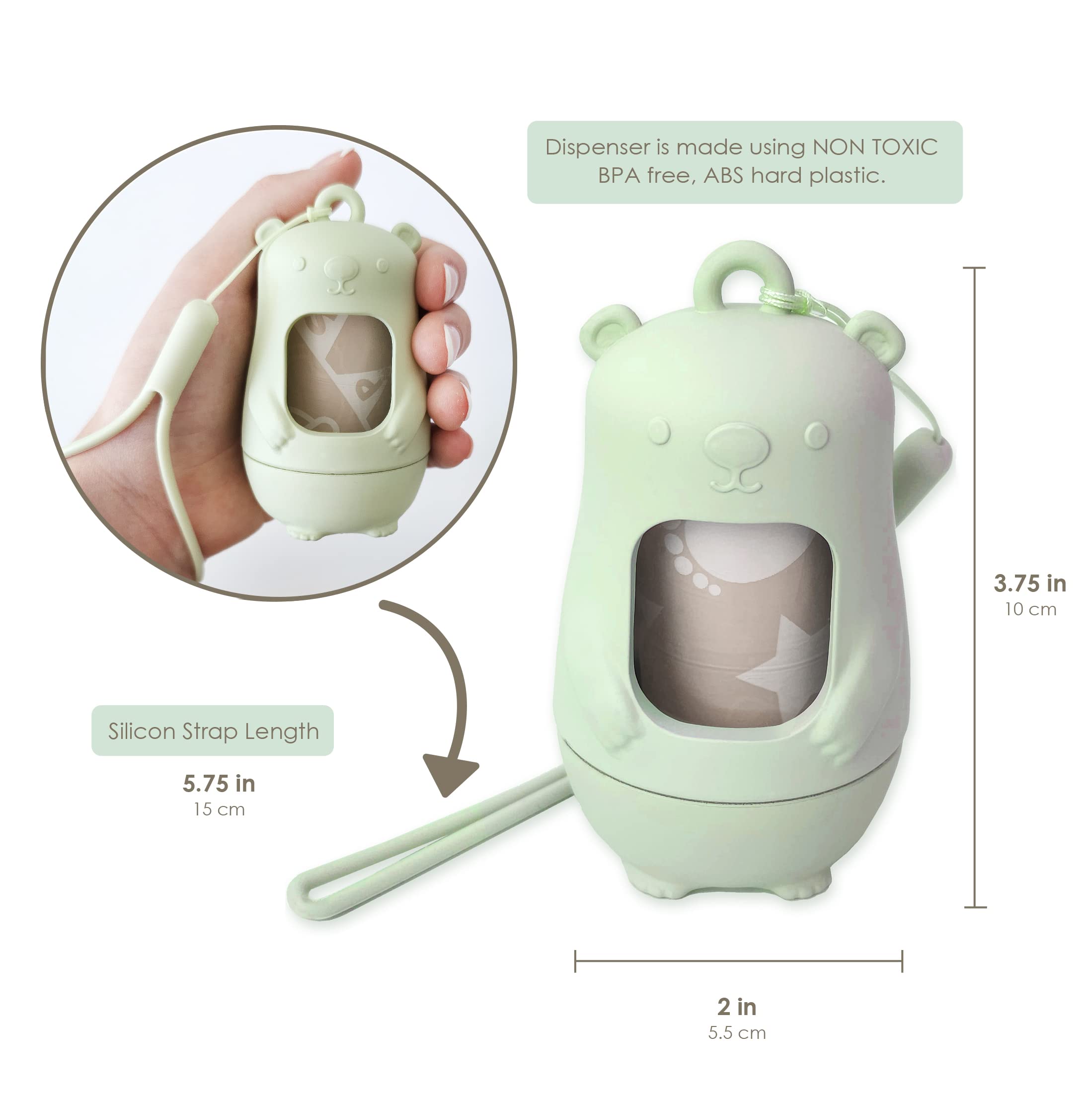 Moodie Teddy Bear Diaper Bag Dispenser w/Silicon Strap (SAGE GREEN) & 6 Refill Roll PACK (UNSCENTED - 105 Bags TOTAL) | Diaper Bag Essential Items