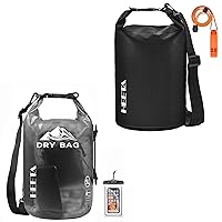HEETA Waterproof Dry Bag with Phone Case & Upgraded Version with Emergency Whistle for Women Men, Roll Top Lightweight Dry Storage Bag Backpack for Kayaking, Travel, Boating, Camping & Beach, Black 5L
