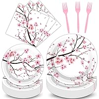 100 PCS Cherry Blossom Party Supplies Set Cherry Blossom Plates and Napkins Birthday Party Tableware Packs Decorations Cherry Blossom Disposable Paper Plates Napkins Forks Serve 25 Guests