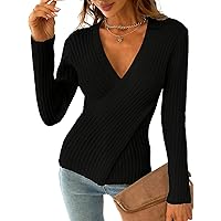 CUPSHE Womens Sweaters Sexy V Neck Long Sleeve Wrap Cable Knit Fall Fashion Tops