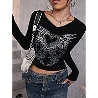Women's Tops Shirts Sexy Tops for Women Grunge Heart & Wing Print Rib-Knit Crop Tee Shirts for Women (Color : Black, Size : X-Small)