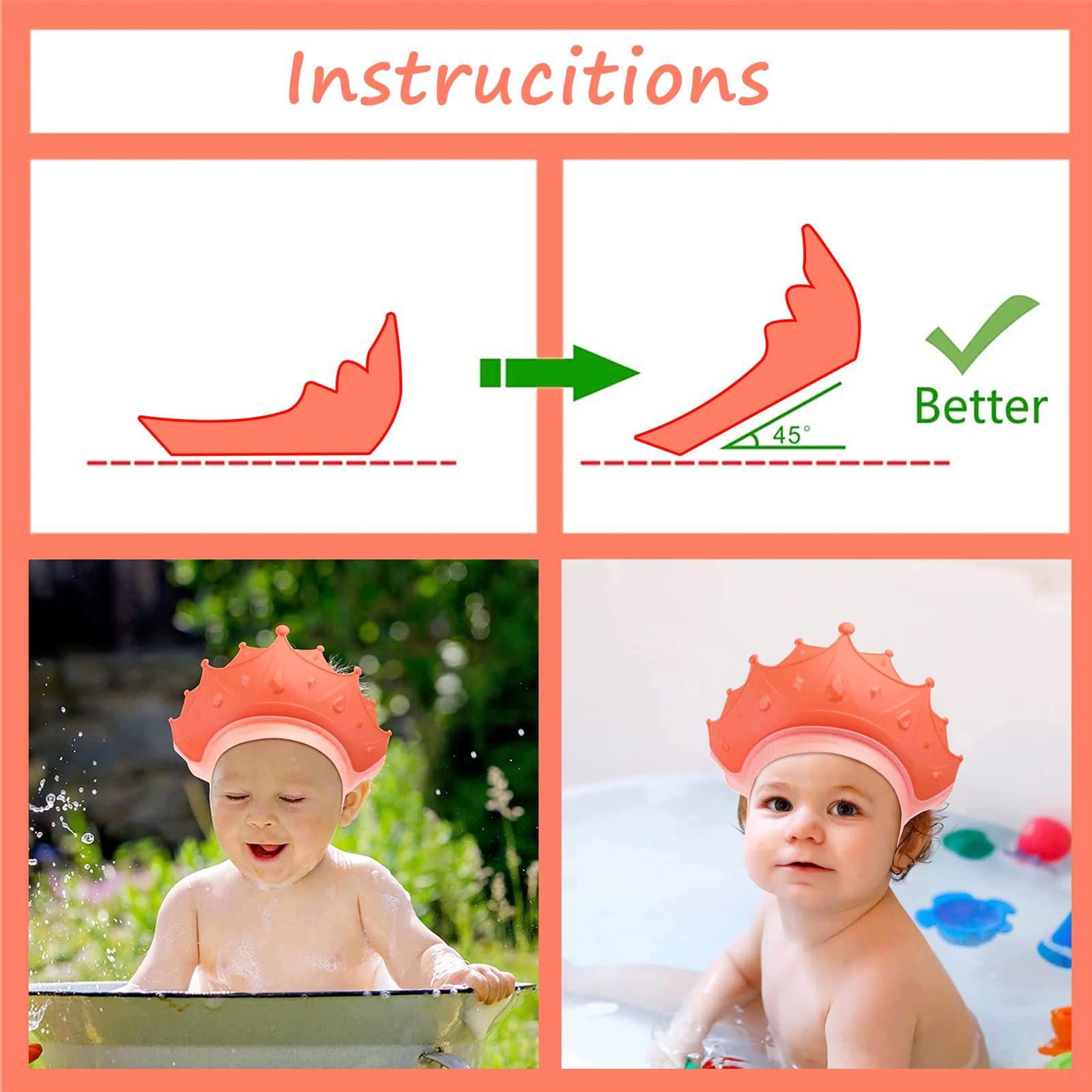 2 PCS Baby Shower Cap Silicone for Children， Soft Adjustable Bathing Crown Hat Safe for Washing Hair， Protect Eyes and Ears from Shampoo for Baby ，Toddlers and Kids from 6 Months to 12-Year Old (red)
