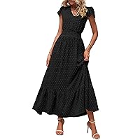 PRETTYGARDEN Womens Dresses 2024 Boho Short Sleeve V Neck Swiss Dot Ruffle Tiered Maxi Dress Smocked Long Cocktail Dresses