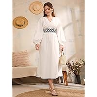 Womens Fall Fashion 2022 Embroidery Shirred Waist Lantern Sleeve Dress (Color : White, Size : X-Small)