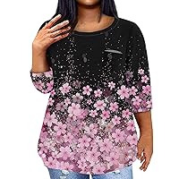 5XL Womens Plus Size Tops Bohemian Tops for Women 2024 Plus Size Casual Versatile Pretty Loose Fit with 3/4 Sleeve Crewneck Blouses Pink 3X-Large