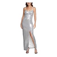 Vince Camuto Womens Sequined Slitted Spaghetti Strap V Neck Maxi Formal Body Con Dress