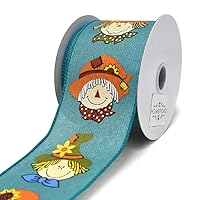 Homeford Teal Linen Fun Scarecrow Heads Wired Ribbon, 2-1/2-Inch, 10-Yard