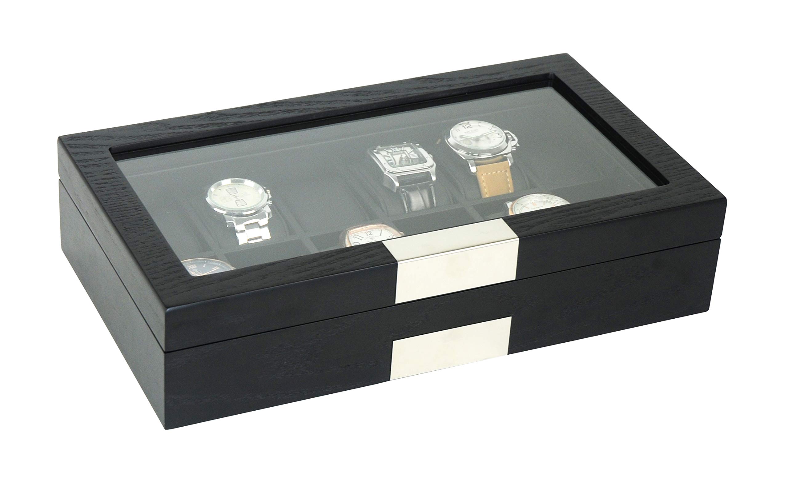 TIMELYBUYS Personalized 12 Black Wood Watch Box Display Case Storage Jewelry Organizer with Glass Top, Stainless Steel Accents, and Oversized Deluxe Pillows