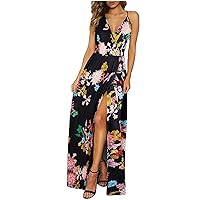 Women Fashion V-Neck Sleeveless Floral Print Sling Spaghetti Strap Dress Casual Long Maxi Dress