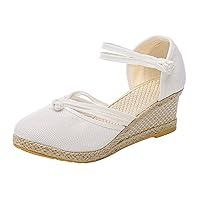 Womens Sandals Breathable Organic Cotton Canvas Low Wedges with Ankle Strap Women's Sandals