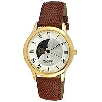 Peugeot Men's 14K Gold Plated Sun Moon Phase Vintage Dress Analog Watch with Leather Strap