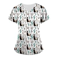 Womens Kawaii Tops Floral Loose Fit Long Blouses for Women Short Sleeve V Neck Work Scrub Summer Fall Shirt 2024
