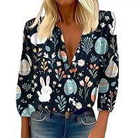 Womens Easter Tops,Women's 3/4 Length Sleeve Easter Egg and Bunny Print Shirt Round Neck Casual Top Slim Fit Button Shirts