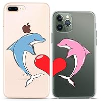 Matching Couple Cases Compatible for iPhone 15 14 13 12 11 Pro Max Mini Xs 6s 8 Plus 7 Xr 10 SE 5 Blue Cartoon Clear Cover Flexible Pink Pair Design Dolphins Print Cute Love Fish BFF Slim fit