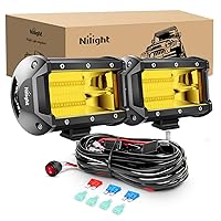 Nilight - ZH304 Led Light Bar 2PCS 5Inch 72W 10800Lumens Yellow Flood Beam Fog Driving Lamps Off-Road Lights with 16AWG Wiring Harness Kit-2 Lead, 2 Year Warranty