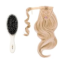 INH Hair Brit Ponytail Extension with Paddle Brush | 26 inch Clip in Wrap Around Pony Tail Hairpiece with Detangling Soft Bristle Hair Brush | Champagne Blonde