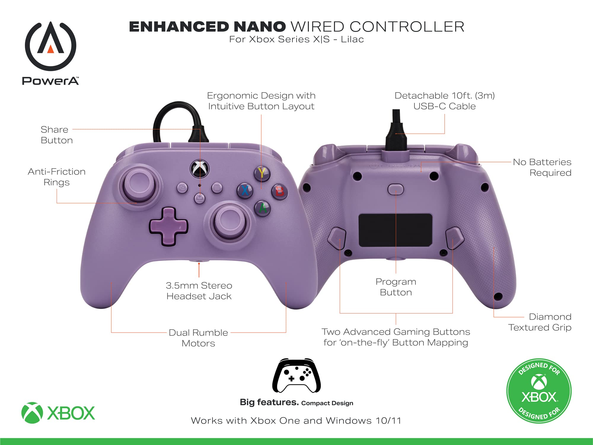 PowerA Nano Enhanced Wired Controller for Xbox Series X|S - Lilac, portable, compact, gamepad, video game, gaming controller, works with Xbox One and Windows 10/11