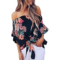 Asvivid Womens Casual Boho Floral Print 3/4 Flare Sleeve Blouses Summer Off The Shoulder Tops Tie Knot Shirts