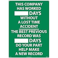 WS2 THIS COMPANY HAS WORKED ___ DAYS WITHOUT A LOST TIME ACCIDENT Scoreboard - 20 in. x 28 in. Aluminum Safety Sign,Green