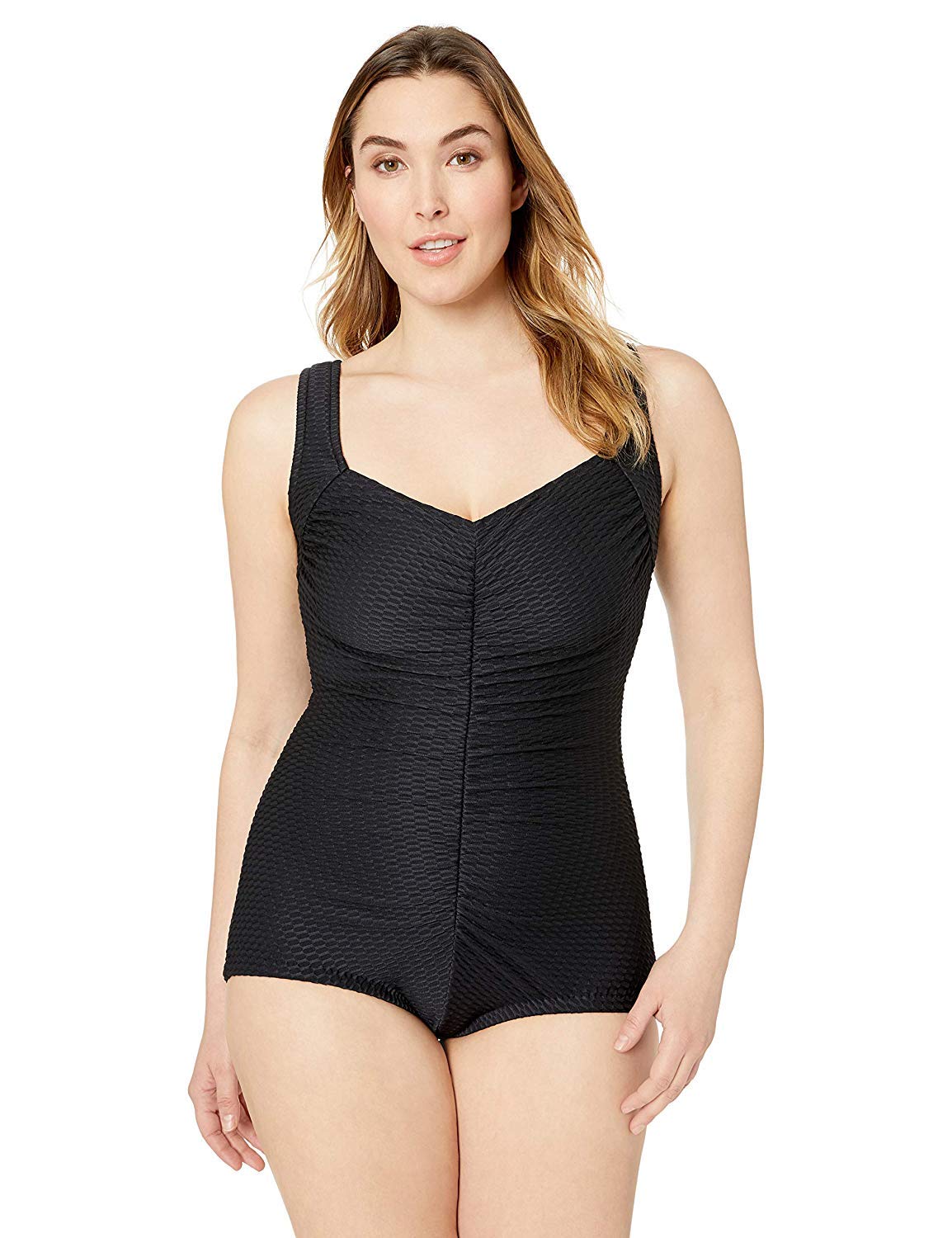 Maxine Of Hollywood Women's Plus-Size Shirred Front Girl Leg One Piece Swimsuit