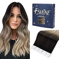 Fshine Tape in Hair Extensions 18 Inch Brunette to Ash Blonde and Platinum Blonde Tape in Real Human Hair Extensions Skin Weft Ombre Tape in Hair Extensions Human Hair 20pcs 50 Grams