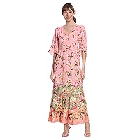 London Times Women's Floral Printed V-Neck Tiered Maxi with Ruffle Elbow Sleeves and Border Hem