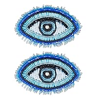 SUPERFINDINGS 1Pc Glass Beaded Evil Eye Theme Patches Deep Sky Blue Sew on Tassel Beaded Patches Evil Eye Appliques with Felt Base for Vintage Sewing Skirt Costume Gown 62x95x6mm