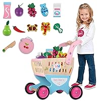 Kids Wooden Shopping Cart, Toy Shopping Cart Trolley Play Set with Pretend Food Fruit Vegetables and Shop Accessories for Children Baby Girls Boys, Perfect for Pretend Play and Role