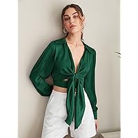 Womens Summer Tops Tie Front Bishop Sleeve Blouse (Color : Dark Green, Size : X-Small)