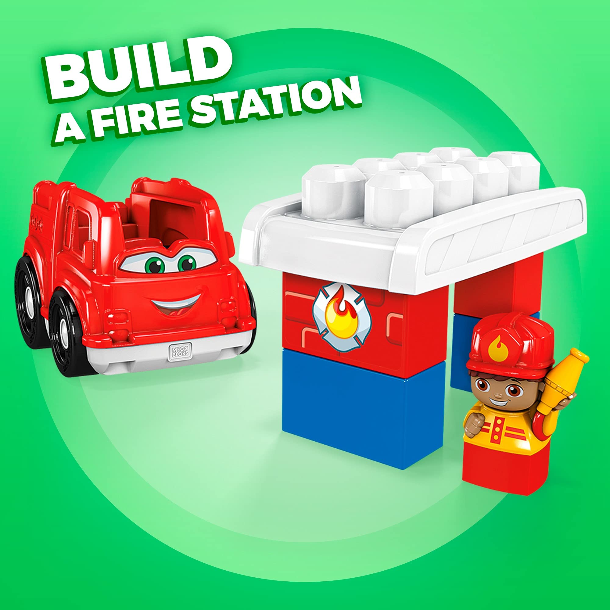 MEGA BLOKS Fisher-Price Toddler Building Blocks, Freddy Fire Truck with 6 Pieces and Storage, 1 Figure, Red, Toy Car Gift Ideas for Kids