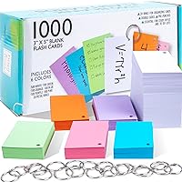 Hapinest 1000 Blank 3 x 5 Flash Cards with 20 Binder Rings | Pre-Hole Punched Index Notecards in 6 Colors for Study, Recipes, or Paper Craft