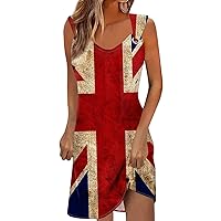 Plus Size American Flag Dress 4th of July Dress for Women America Flag Print Sexy Vintage Fashion with Sleeveless Round Neck Splice Dresses Wine Large
