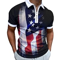 Set Active Workout Shirt for Men 4 of July Muscle Turn Down Shirts Slim Fit Short Sleeve 3D Print Zipper Mens