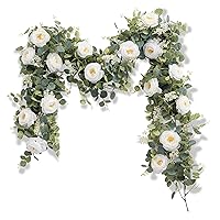 Jelofly 2 PCS 6.56ft Eucalyptus Garland with Flowers - 8 White Roses, Artificial Fake Flower Greenery Garland Floral Garland Vines for Decorations Wedding Home Party Table Runner Backdrop Wall Decor