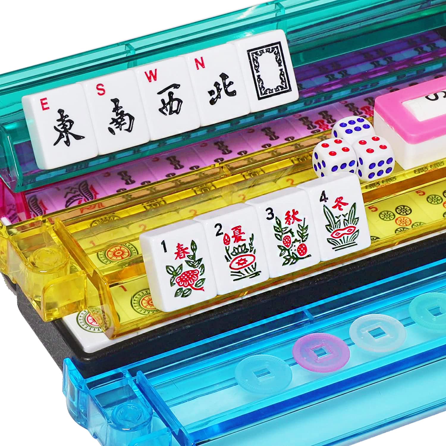 American Mahjong Game Set,Black Carrying Bag,166 Premium White Tiles,4 All-in-One Color Rack/Pushers,100 Chips,1 Wind Indicator,Quality Western Mahjongg Set,Complete Ma Jong Set with English Manual