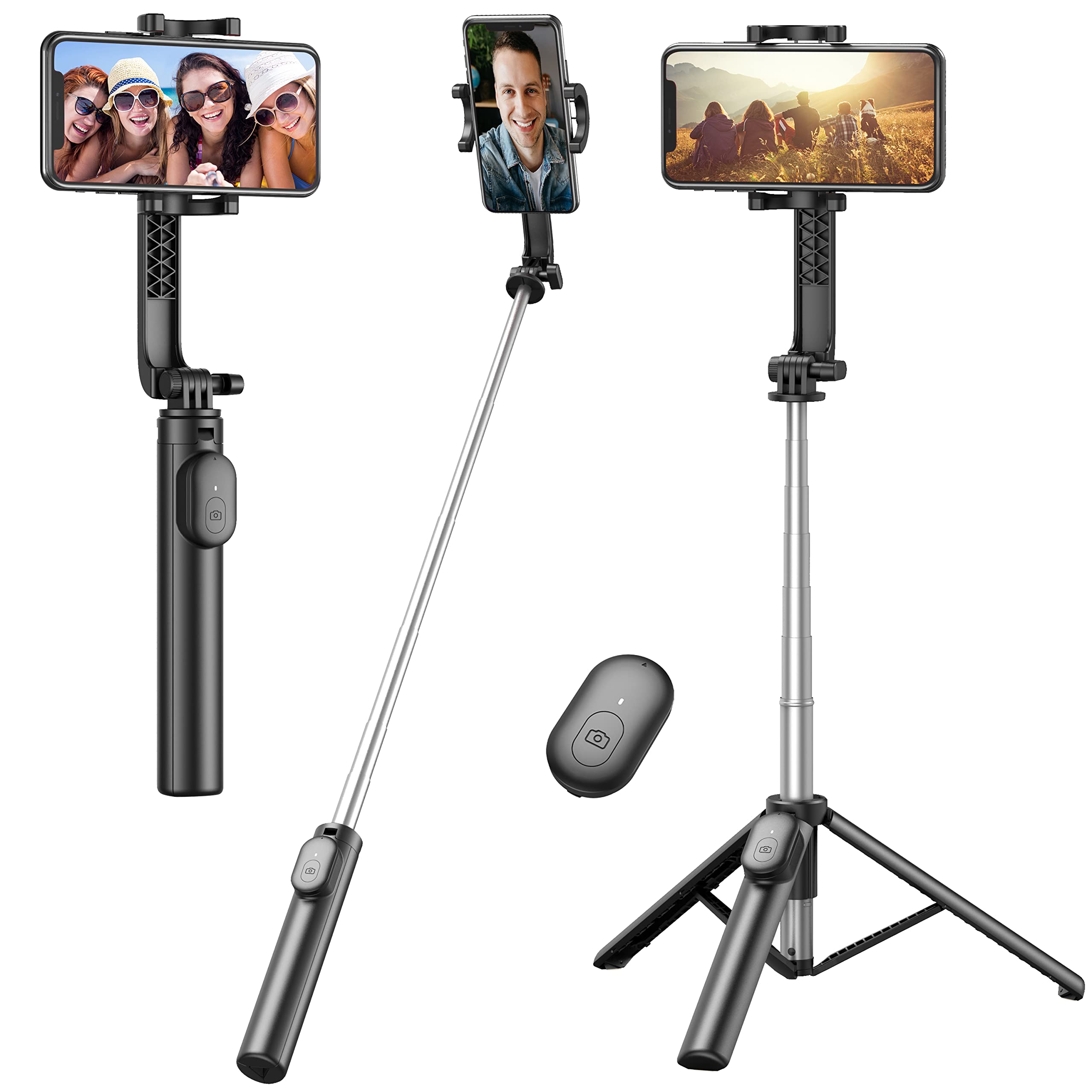 Selfie Stick, Extendable Selfie Stick Tripod with Wireless Remote and Phone Holder, Portable Phone Tripod Stand for Group Selfie/Live Streaming/Video Recording Compatible with iPhone, Android Phones