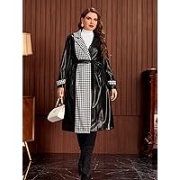 Plus Size Womens Jackets Plus Houndstooth Print Belted Leather Coat Plus Size Jackets (Color : Black and White, Size : X-Large)