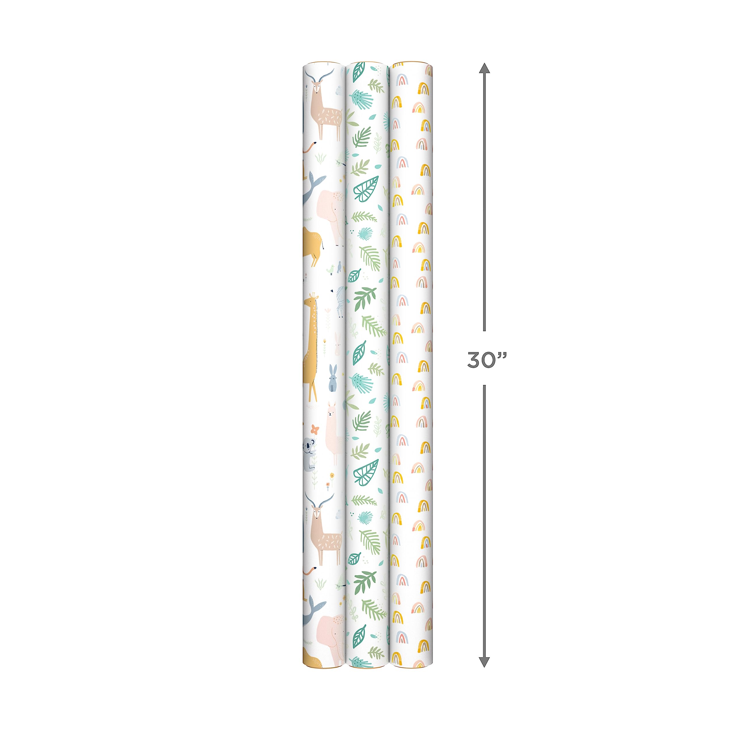 Hallmark Recycled Baby Wrapping Paper with Cutlines on Reverse (3 Rolls: 60 Sq. Ft. Total) Animals, Plants, Rainbows for Baby Showers, Gender Reveal Parties, First Birthdays