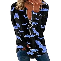 Women Halloween Solid Bat Shirts Basic Workout Sweatshirts Half Zip Long Sleeve Pullover Fall Festival Clothes